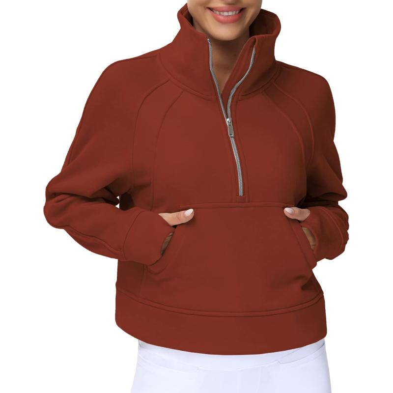 THE GYM PEOPLE Womens' Half Zip Pullover Fleece Stand Collar Crop Sweatshirt  with Pockets Thumb Hole(Maroon) - The Gym People
