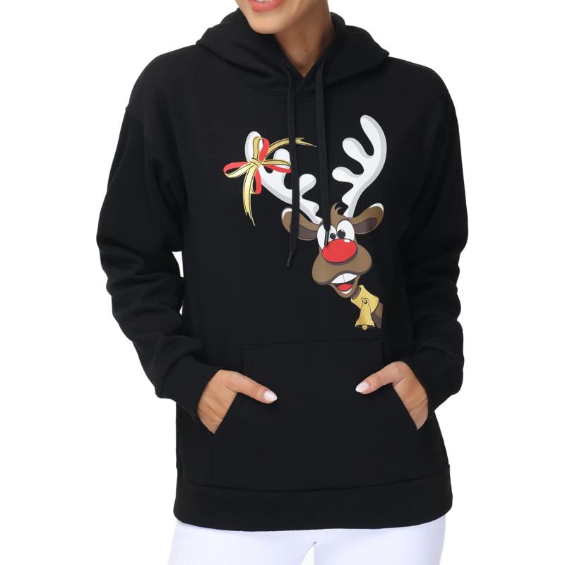 THE GYM PEOPLE Women's Basic Pullover Hoodie Loose fit Ultra Soft Fleece  hooded Sweatshirt With Pockets(Elk Print Black) - The Gym People