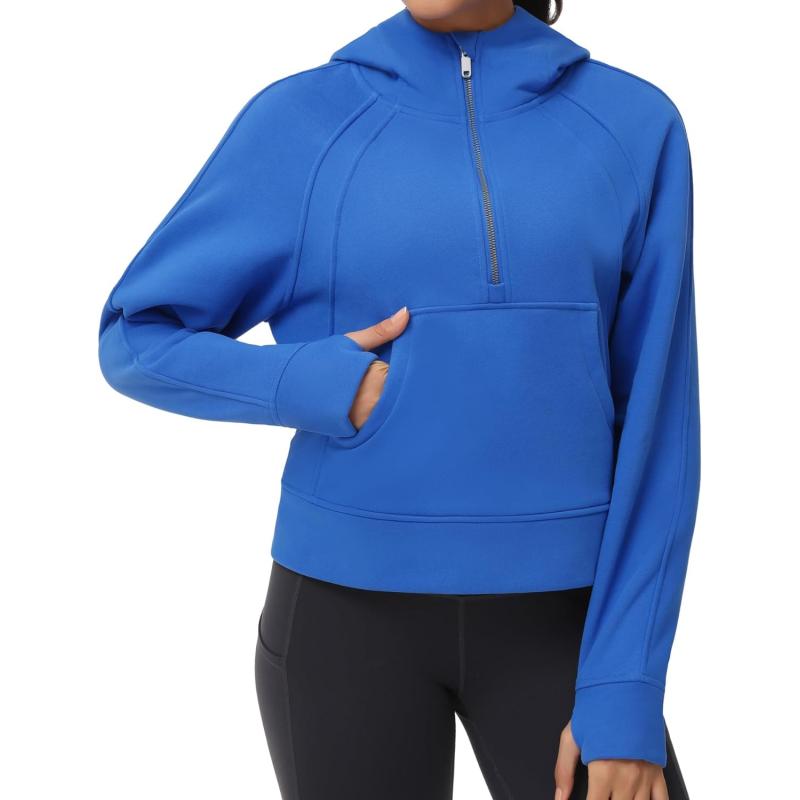 THE GYM PEOPLE Womens' Half Zip Pullover Fleece Stand Collar Crop Sweatshirt  with Pockets Thumb Hole(Maroon) - The Gym People