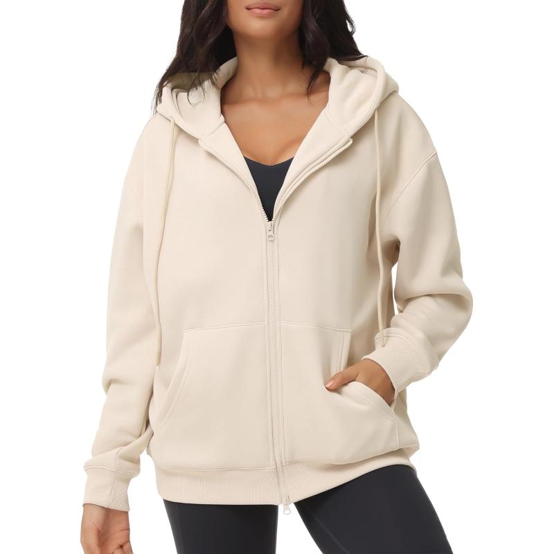 THE GYM PEOPLE Women's Zip Up Plus Oversize Hoodie Drawstring Sweatshirts  Casual Long Sleeve Jacket with Pockets(Khaki) - The Gym People